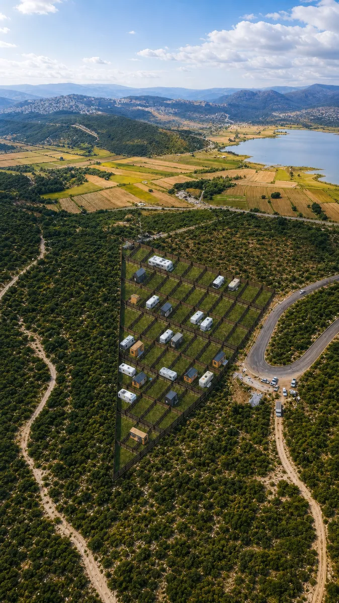 Karavan terasından göl ve doğa manzarası